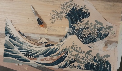 Marqueterie La Grande Vague De Kanagawa 64cm X 42 Cm Par Potiparrond